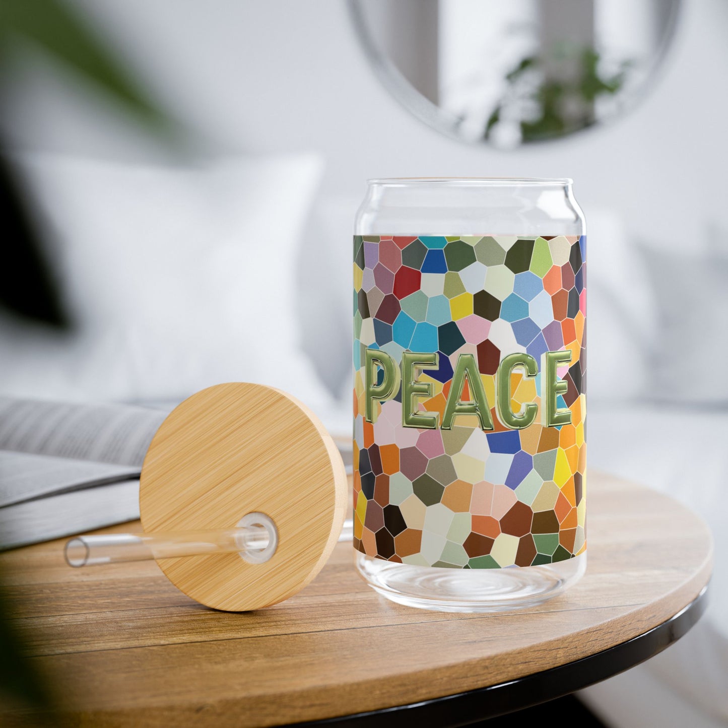 Peace Verde - Sipper Glass 16oz with Eco-Friendly Bamboo Lid - Colorful Mosaic Design