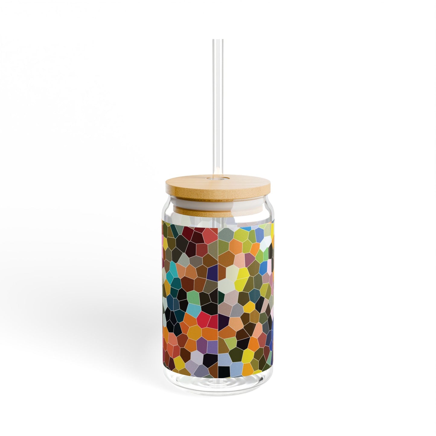 Peace Verde - Sipper Glass 16oz with Eco-Friendly Bamboo Lid - Colorful Mosaic Design