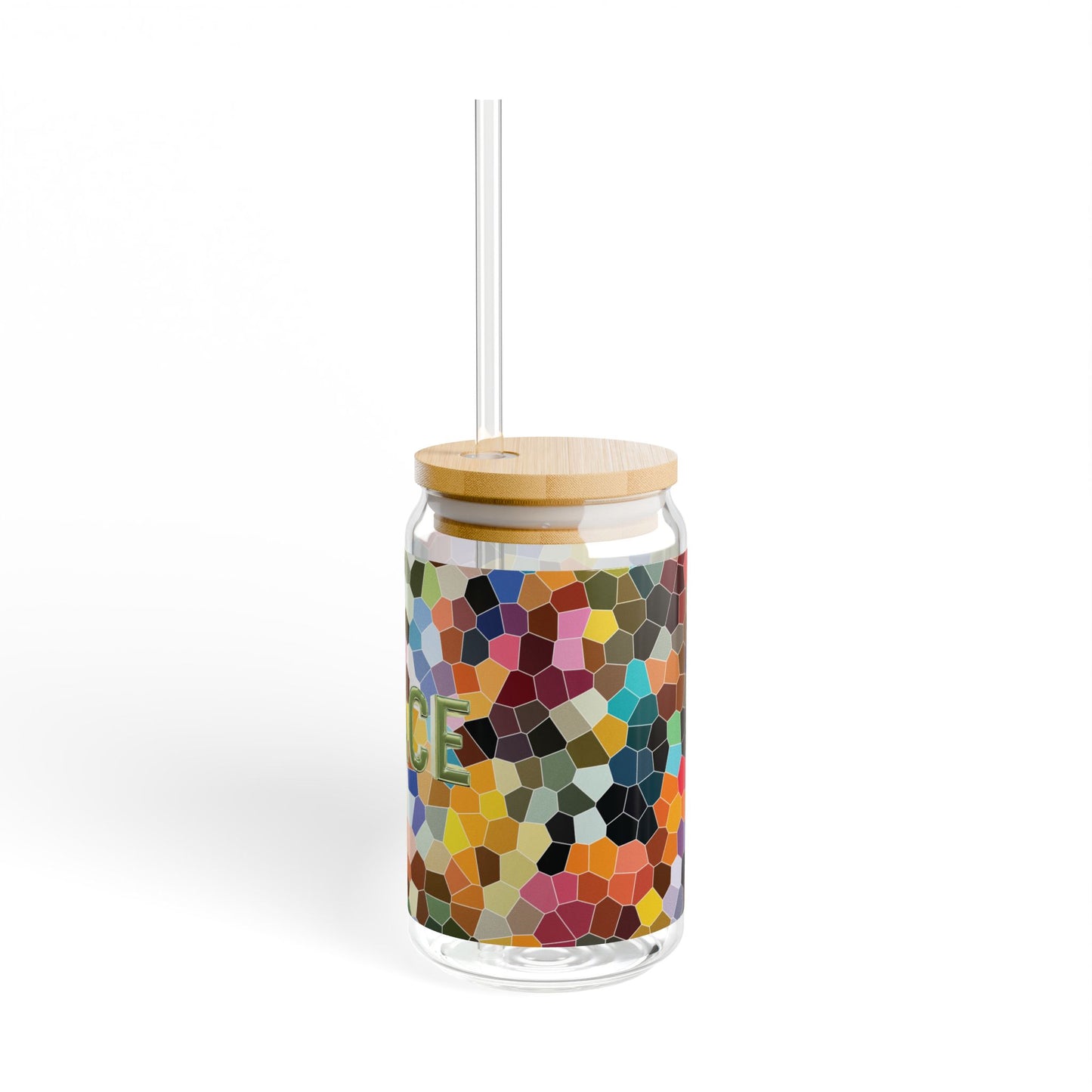 Peace Verde - Sipper Glass 16oz with Eco-Friendly Bamboo Lid - Colorful Mosaic Design