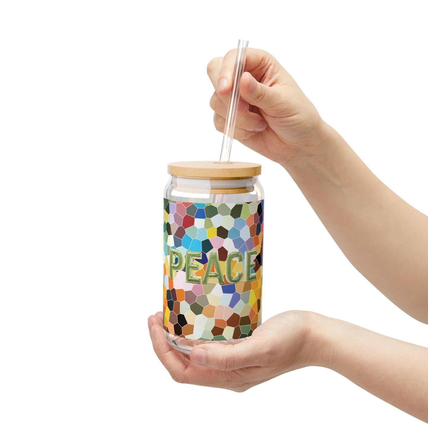 Peace Verde - Sipper Glass 16oz with Eco-Friendly Bamboo Lid - Colorful Mosaic Design