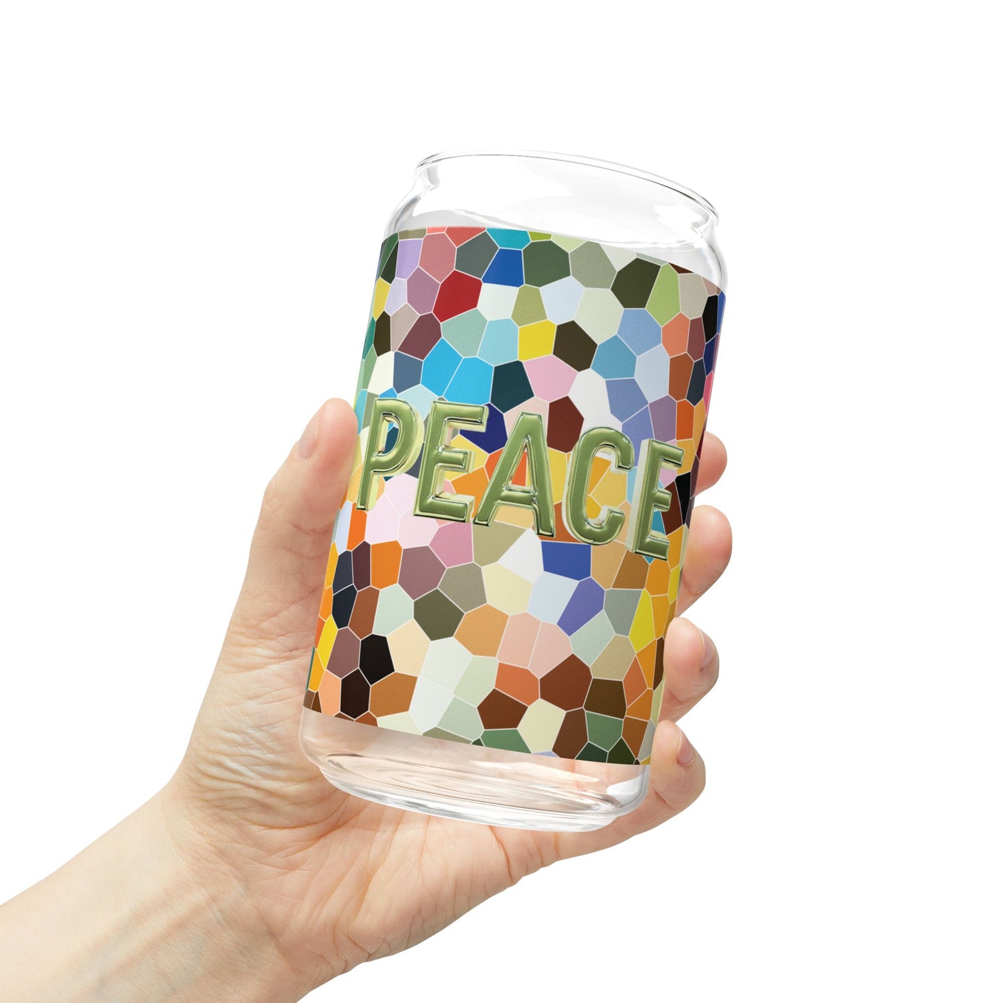 Peace Verde - Sipper Glass 16oz with Eco-Friendly Bamboo Lid - Colorful Mosaic Design