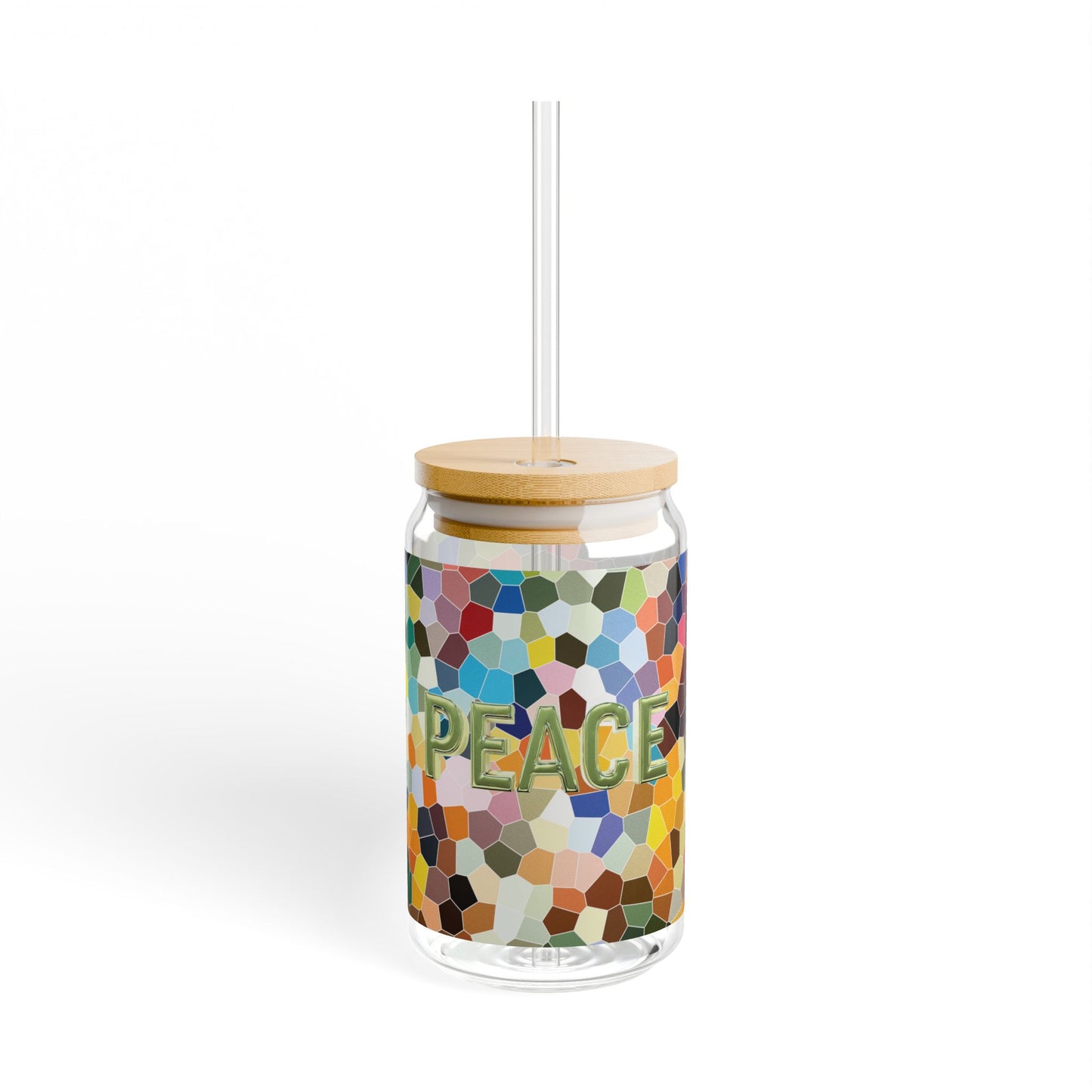 Peace Verde - Sipper Glass 16oz with Eco-Friendly Bamboo Lid - Colorful Mosaic Design