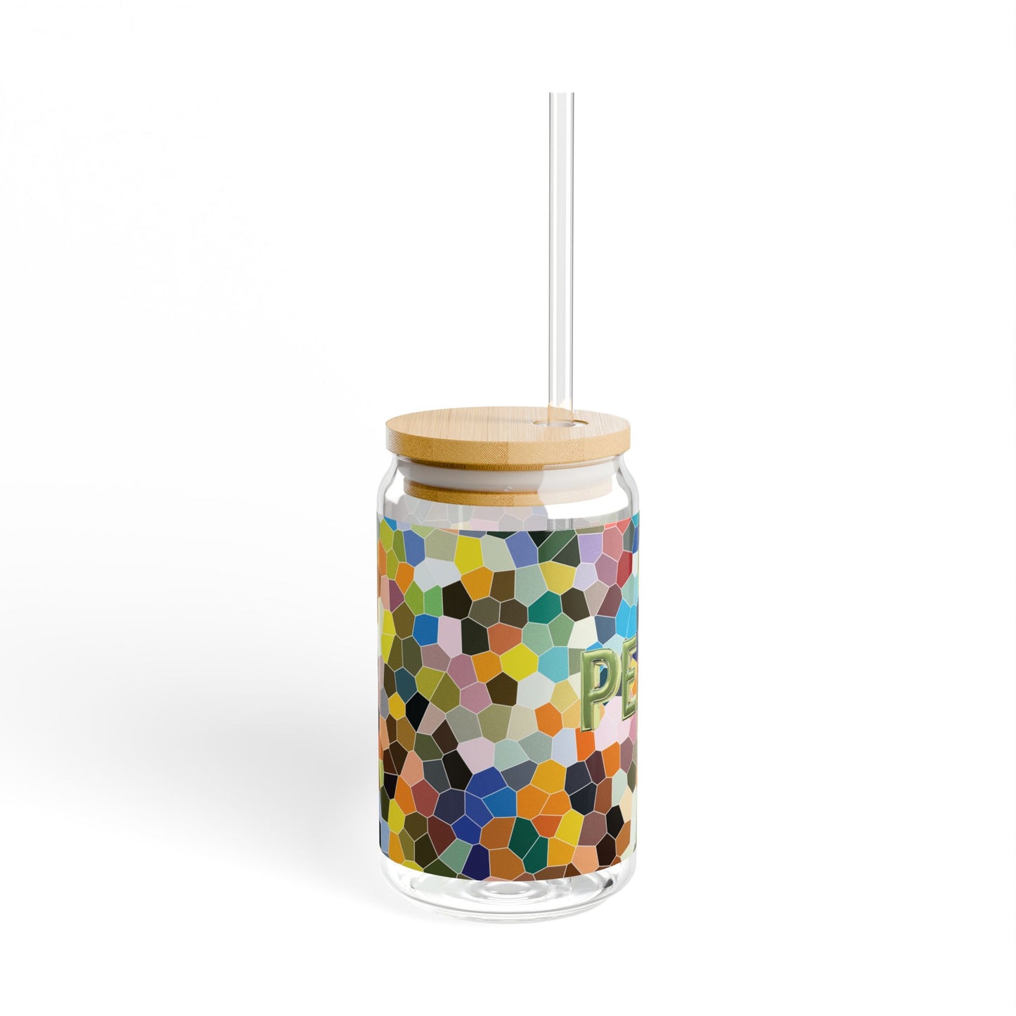 Peace Verde - Sipper Glass 16oz with Eco-Friendly Bamboo Lid - Colorful Mosaic Design