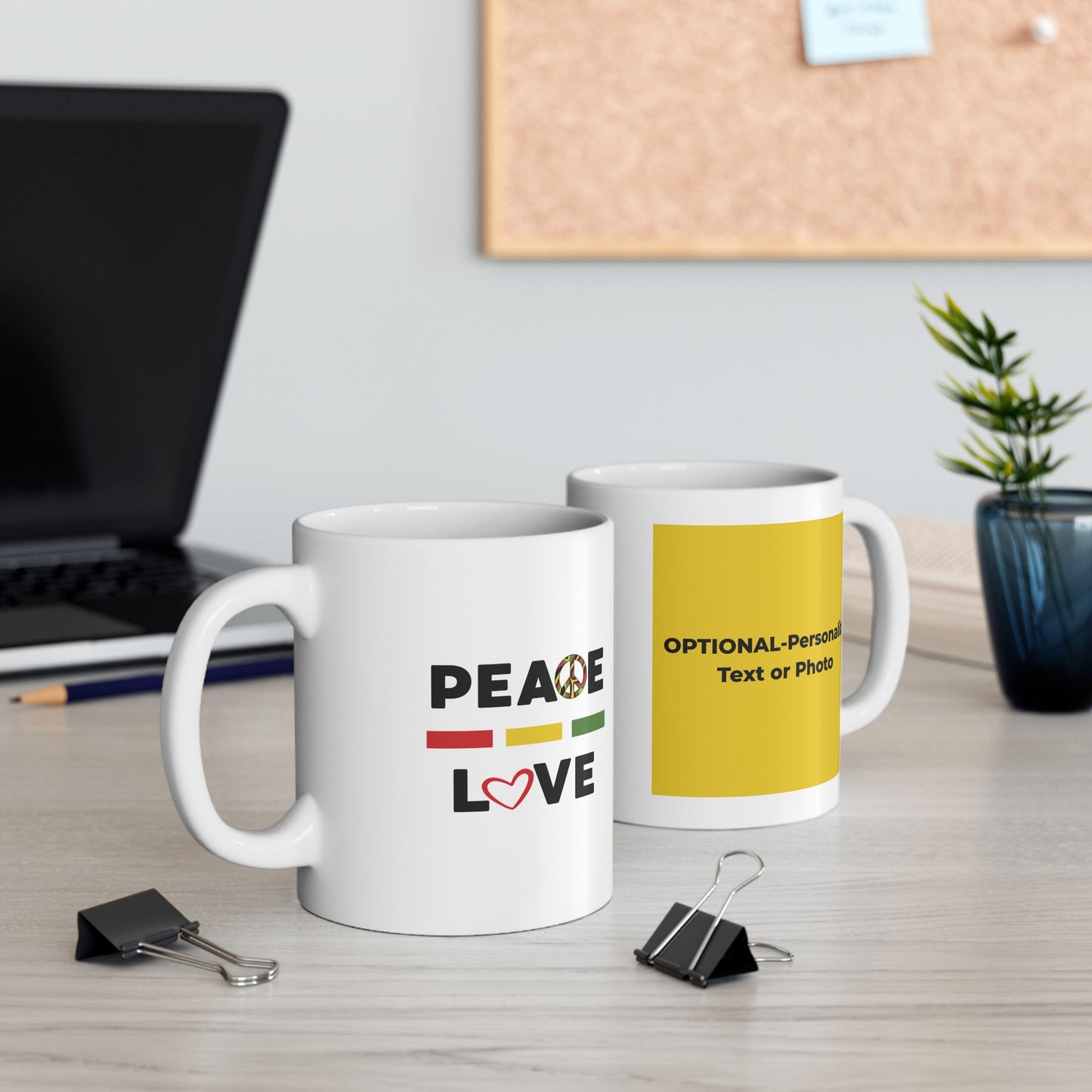 Peace & Love (yellow) - Ceramic Mug - 11oz & 15oz - Perfect Gift for Inspiration & Motivation
