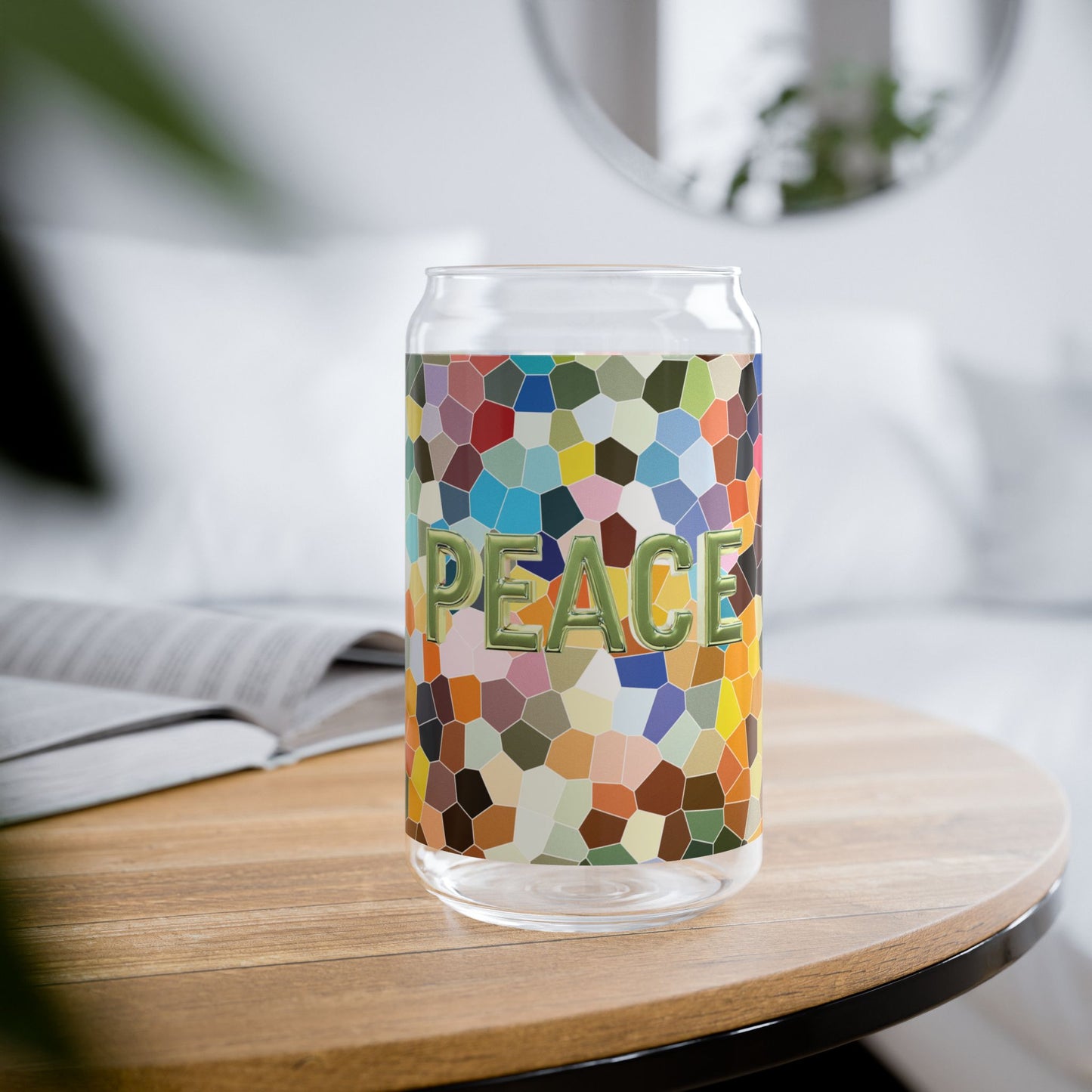 Peace Verde - Sipper Glass 16oz with Eco-Friendly Bamboo Lid - Colorful Mosaic Design