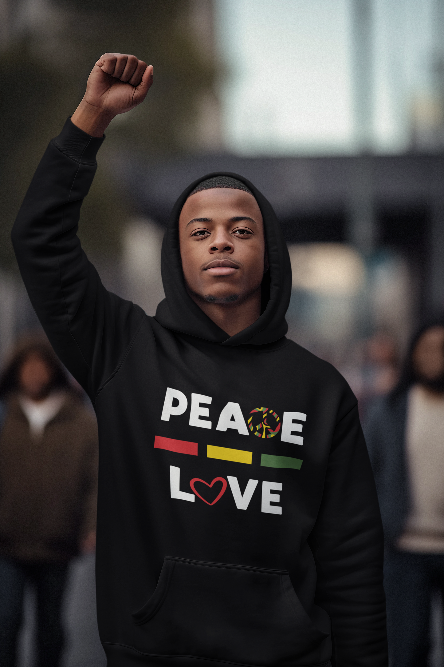 Peace-Love (white letters) - Unisex Hooded Sweatshirt with Colorful Design - Cozy and Stylish