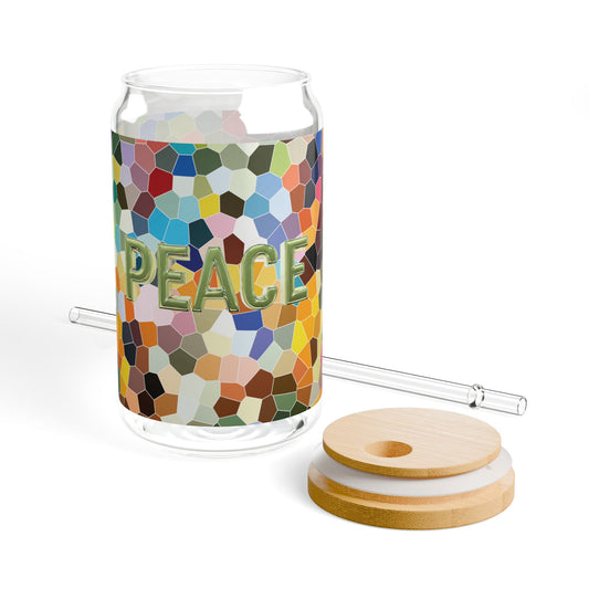 Peace Verde - Sipper Glass 16oz with Eco-Friendly Bamboo Lid - Colorful Mosaic Design
