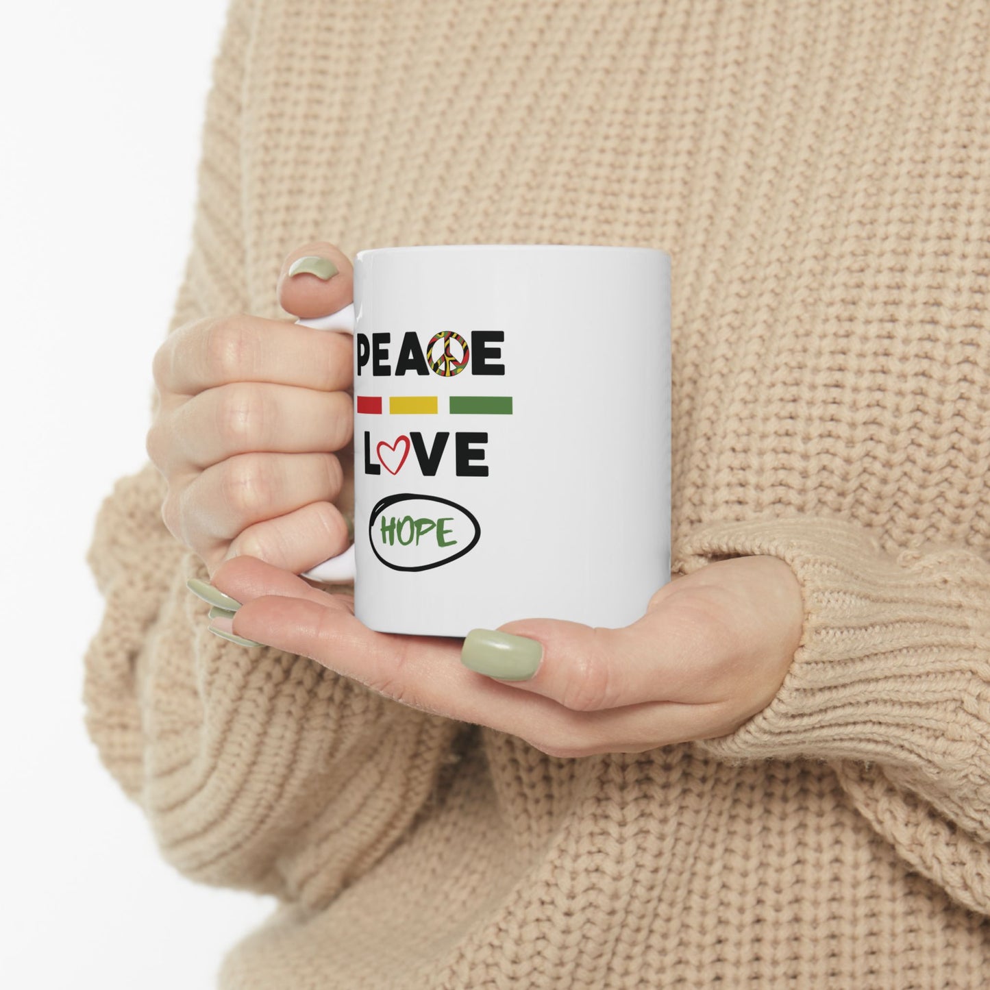 Peace & Love (green) -  Ceramic Mug - 11oz & 15oz - Perfect Gift for Inspiration & Motivation